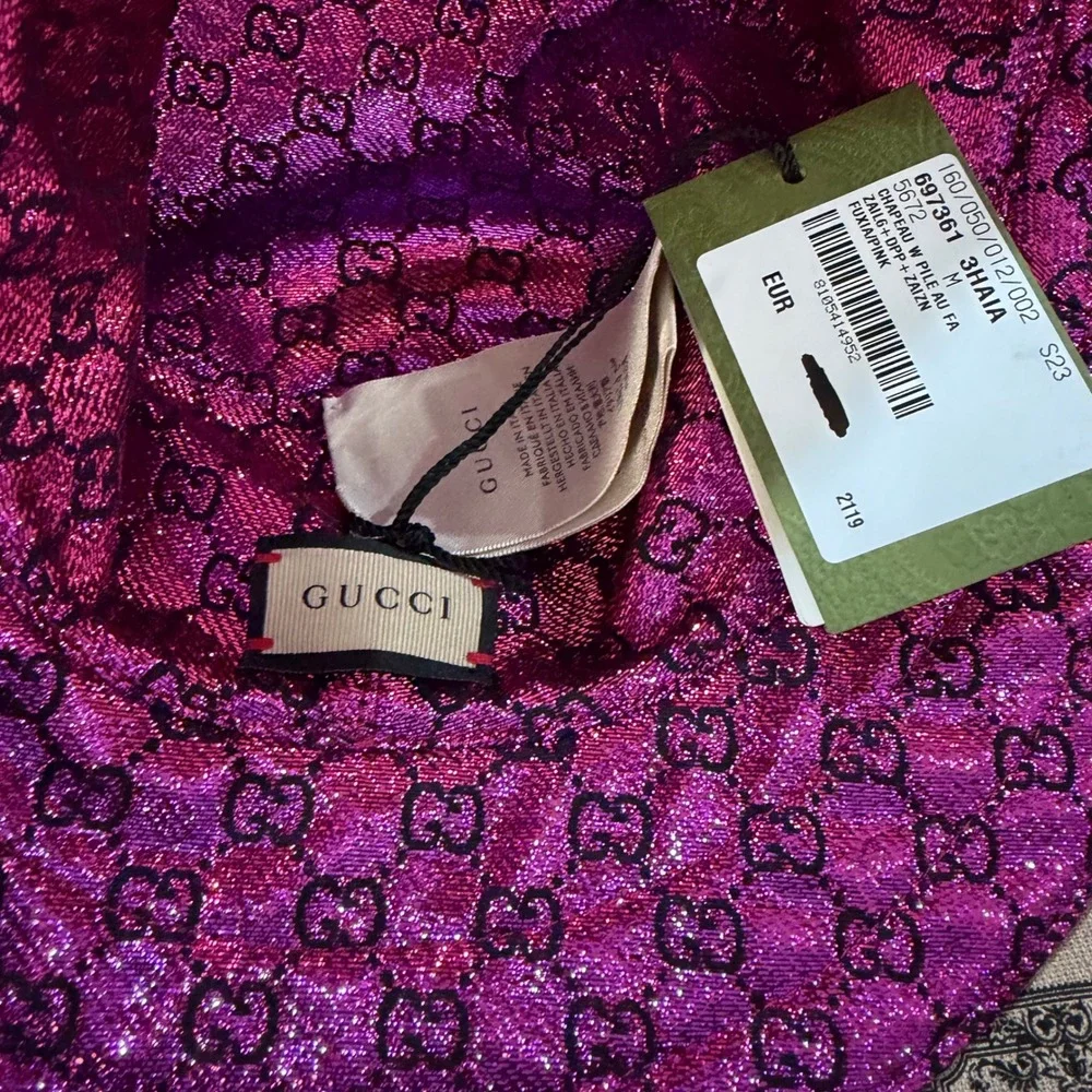Gucci Reversible Bucket Hat Fuchsia Pink Metallic GG Monogram Floral 697361 M